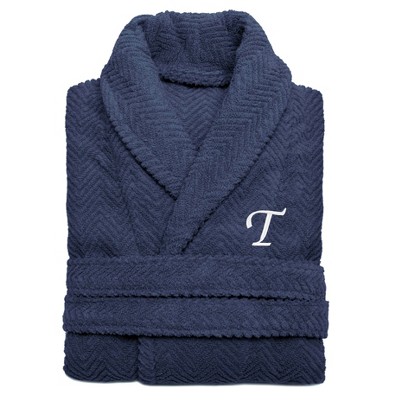 Linum Home Textiles 100% Turkish Cotton Unisex Personalized Herringbone Midnight Blue Bathrobe in White Chancery Font