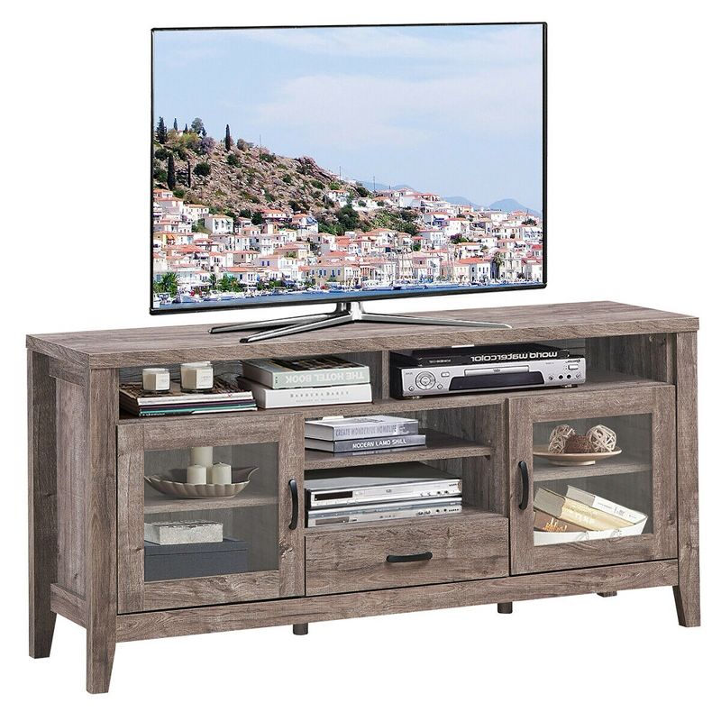Costway TV Stand Tall Entertainment Center Hold up to 65'' TV w/ Glass Storage & Drawer, 1 of 11