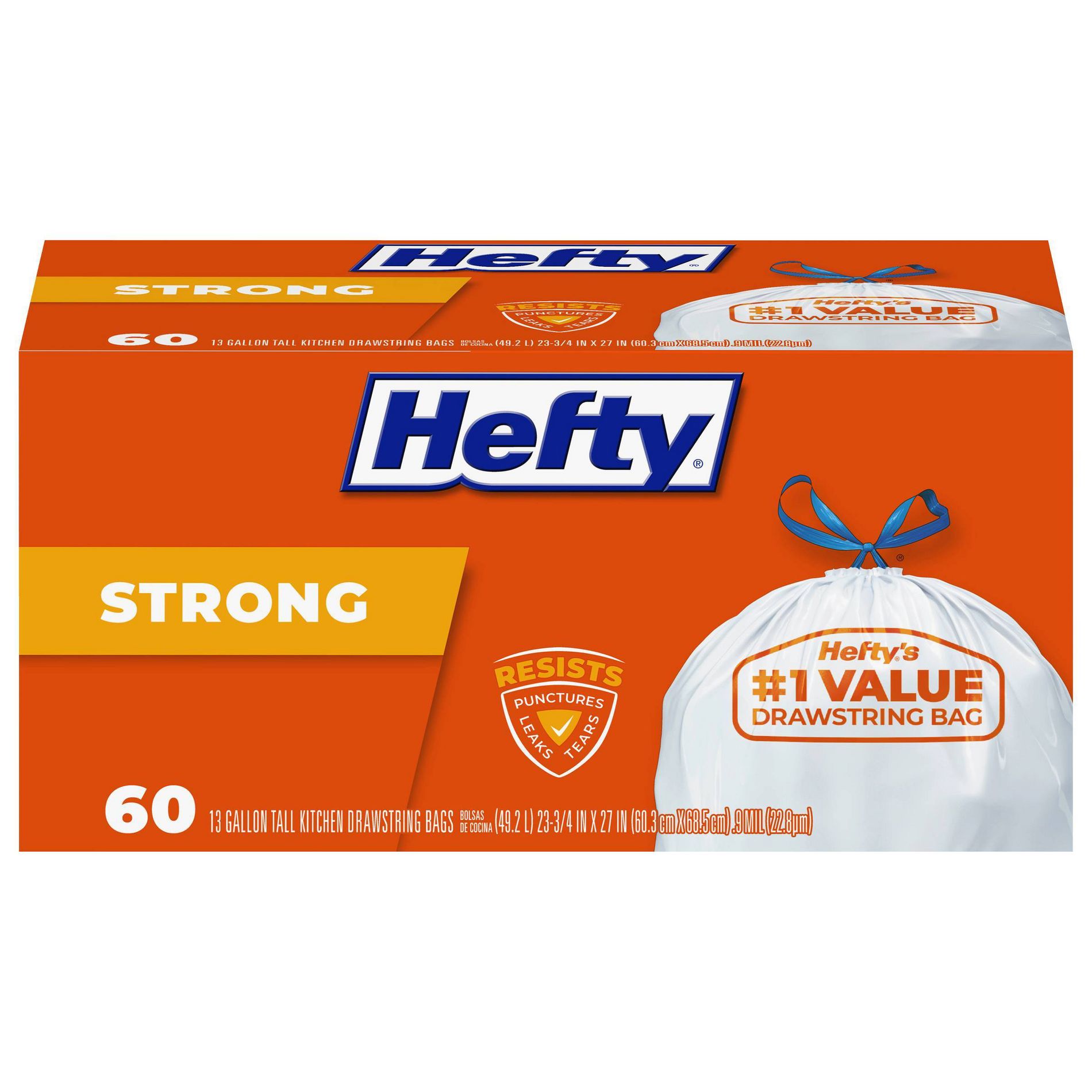 Hefty Strong Tall Kitchen Drawstring Trash Bags - 13gal/60ct: Household, Polyethylene Material