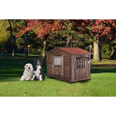 Outdoor Large Wooden Dog House with Unique All-Around Iron Frame, Cabin Style Weatherproof Wooden Kennel for Large Dogs - Nertpow