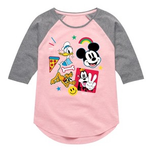 Girls' - Disney - Goofy Donald Mickey Pluto Stickers Shirt Tail Raglan Graphic T-shirt - 1 of 4