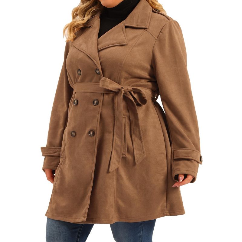 Agnes Orinda Women's Plus Size Faux Suede Notched Lapel Double Breasted Belt Trench Coats, 2 of 6
