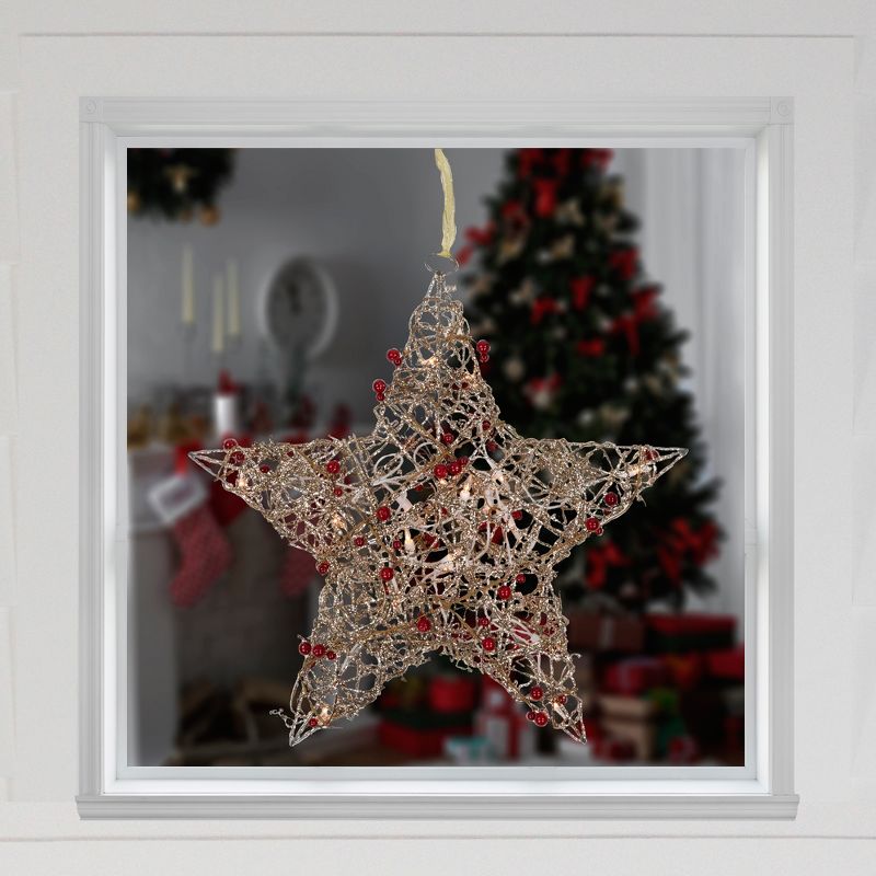 Northlight 18" Lighted Champagne Gold Glittered Rattan Berry Hanging Star Christmas Window Decoration, 2 of 7