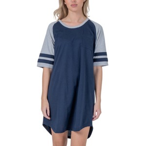 YafeMarte Women’s Short Sleeve Long Two Tone Nightshirt with Striped Sleeves and Pocket - 1 of 4