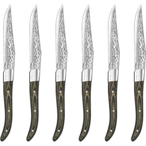 Amefa Lou Laguiole Vulcano Steak Knives, Set of 6, Hardened Hammered Stainless Steel, Triple Rivet Pakka Wood Ergonomic Handle, Serrated Edge 4 Inch - 1 of 4