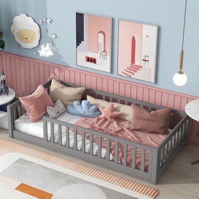 Children's floor bed frame with strong Flat noodles and safety fence, suitable for girls, boys and teenagers