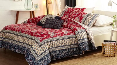 Marbella Red and Blue Cotton 5-Piece Reversible Comforter Set