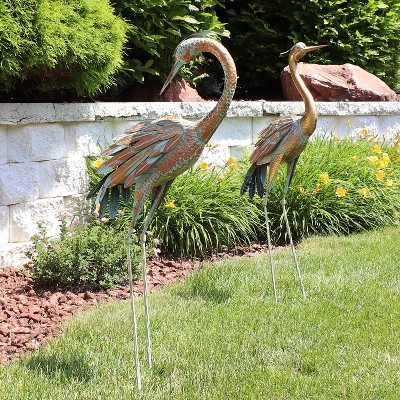 Golden and Blue Iron Crane Garden Statue Set, 40-inch