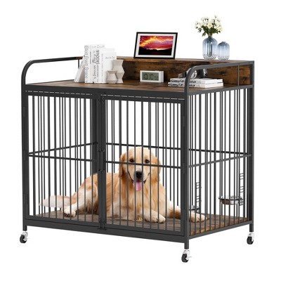 Dog Crate Furniture, Dog Kennel Indoor with Adjustable Height Feeder and 360° Wheels,Wooden Decorative Pet House End Side Table, Rustic Brown