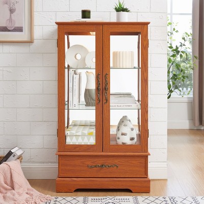 FURNIinspire Utility Storage Cabinets Glass Cabinet, Standing Display Cabinet, Modern Showcase with Glass Shelves, Drawer, Brown, 11.81"*25.98"*47.44"