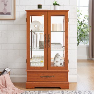 FURNIinspire Utility Storage Cabinets Glass Cabinet, Standing Display Cabinet, Modern Showcase with Glass Shelves, Drawer, Brown, 11.81"*25.98"*47.44" - 1 of 4