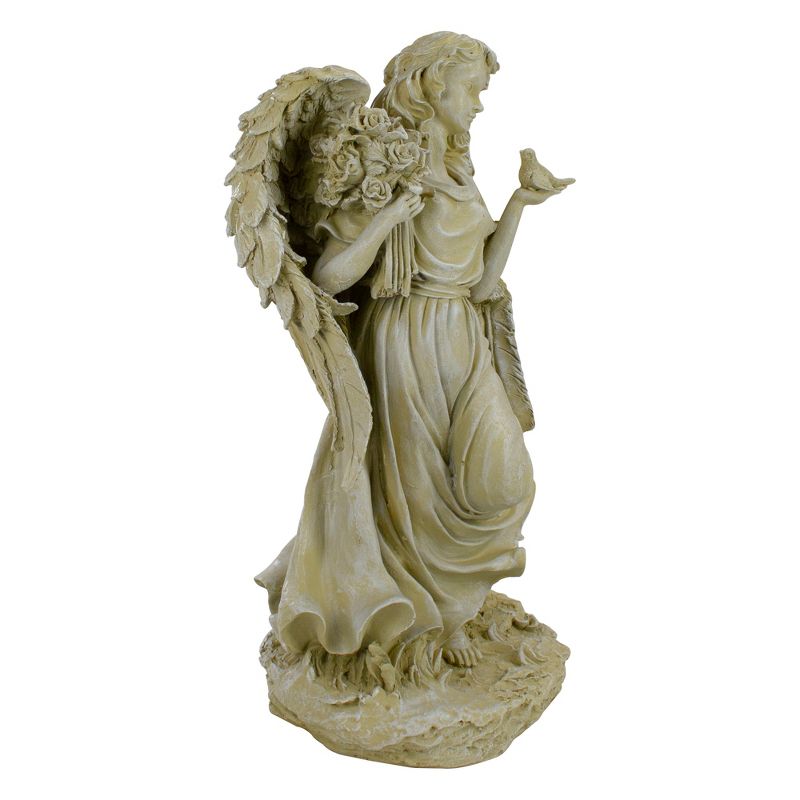 Northlight 18" Weathered Angel with Bird and Bouquet Outdoor Patio Garden Statue - Almond Brown, 2 of 5