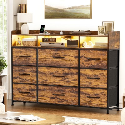 WOWLIVE 9 - Drawer Dresser with 2-Tier Open Shelf, Dresser with Power Outlet & LED, 43"W Dresser for Bedroom, TV Stand