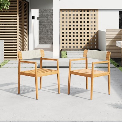 Teak-Look Acacia Outdoor Armchairs with White Rope Weave, Stylish Patio Dining Chairs with Armrests for Balcony or Garden-Maison Boucle