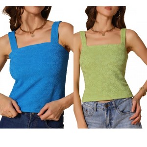 INSPIRE CHIC Women's Square Neck Wide Strap Sleeveless Crop Lettuce Trim Casual Floral Cami Tank Top 2 Packs - 1 of 4