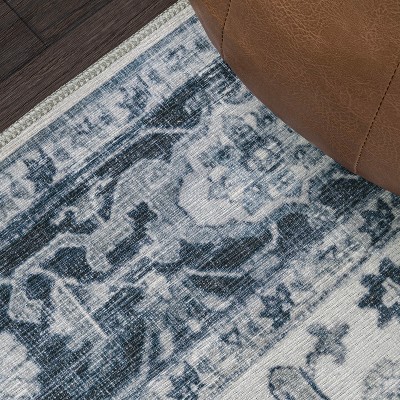 Blue and Cream Medallion Washable Synthetic Area Rug 5'3" x 7'7"