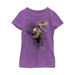 Girl's Jurassic Park Danger Velociraptor Tearing Through T-Shirt - 1 of 3