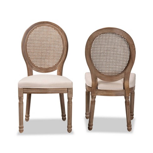 Set of 2 Louis Fabric Upholstered with Rattan and Wood Dining Chairs  Beige/Brown - Baxton Studio