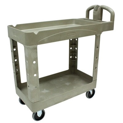 Rubbermaid Commercial FG450088BEIG 17.13 in. x 38.5 in. x 38.88 in. 500 lbs. Capacity 2 Shelves Plastic Heavy-Duty Utility Cart with Lipped Shelves -