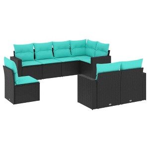 vidaXL Patio Sofa Set with Cushions - Black/Blue 8 Piece Poly Rattan Outdoor Sectional Furniture for Garden, Deck, Backyard. - 1 of 4