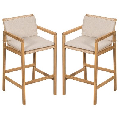 Acacia Wood Outdoor Barstools Set of 4,Wicker Woven Barstools with Beige Cushions and Armrests,Counter Bar Chairs for Patio or Garden-Cuddlewood
