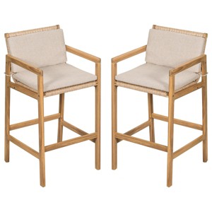 Acacia Wood Frame Rattan Woven Bar Stools  Set of 4,Outdoor Barstools with Cushions,Rustic Patio Bar Chairs for Garden or Deck-Coolbibila - 1 of 4