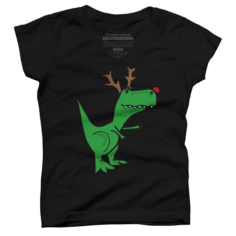 Girl's Design By Humans Cool Funny Christmas T-Rex Dinosaur with Antlers By SmileToday T-Shirt, 1 of 4