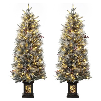 4.5 Ft Artificial Christmas Tree with 200 Warm White  Lights and Red Berries Potted Base Holiday Xmas Tree