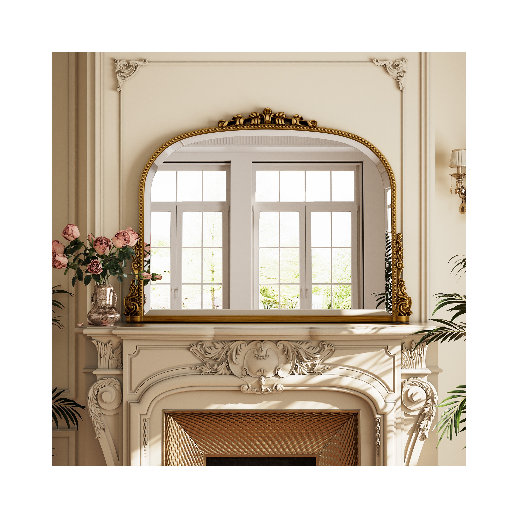 BEAUTYPEAK Arched Vintage Baroque Bathroom Vanity Mirrors 27"x36",Gold