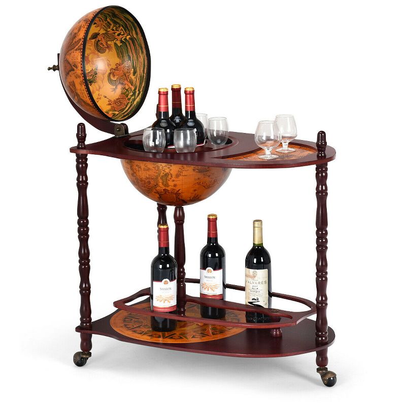 Costway Wood Globe Wine Bar Stand 34'' H 16th Century Italian Rack Liquor Bottle Shelf, 1 of 9