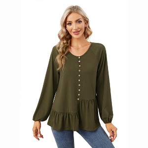 Clearlove Women's Casual V Neck Button Shirt Long Sleeve Blouse Asymmetrical Loose Flowy Ruffled Blouses - 1 of 4