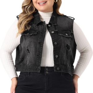 Agnes Orinda Women's Plus Size Sleeveless Chest Pockets Button-Up Denim Vests - 1 of 4