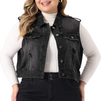 Agnes Orinda Women's Plus Size Sleeveless Chest Pockets Button-Up Denim Vests