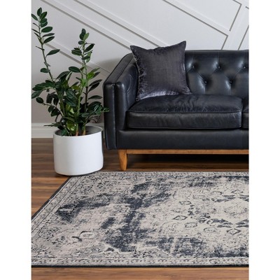 Navy Blue and Beige Distressed Synthetic 6' x 9' Area Rug