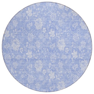 Sky Blue Denim Blue And Ivory Floral Washable Indoor Outdoor Area Rug