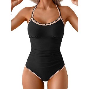 Eomenie Women's One Piece Swimsuit Tummy Control Slimming Bathing Suit Ruched Swimwear Tie Back Shell Stitch Swim Suit - 1 of 3