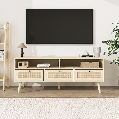 DOMETOUR 47.3 Inch Rattan Solid Wood TV Stand with Storage, TV Console Table for Living Room, Entertainment Center for TVs