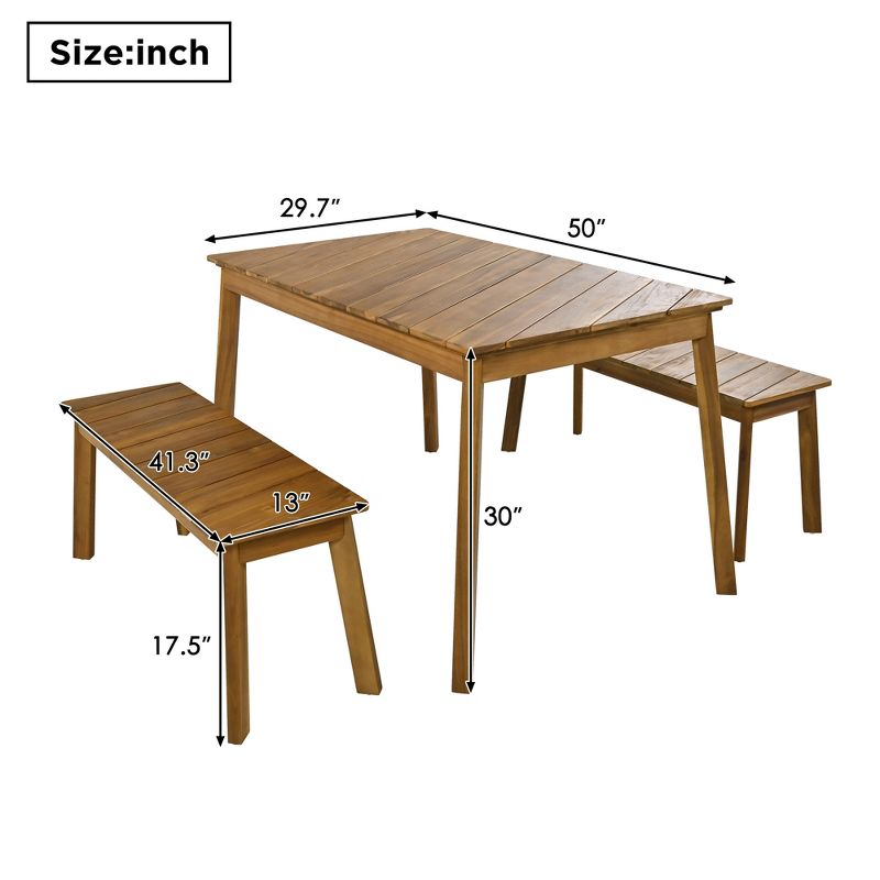 3pc Outdoor Patio Acacia Wood Table Bench Dining Set, Picnic Beer Table With 2 Benches 4A, Natural -ModernLuxe, 3 of 11
