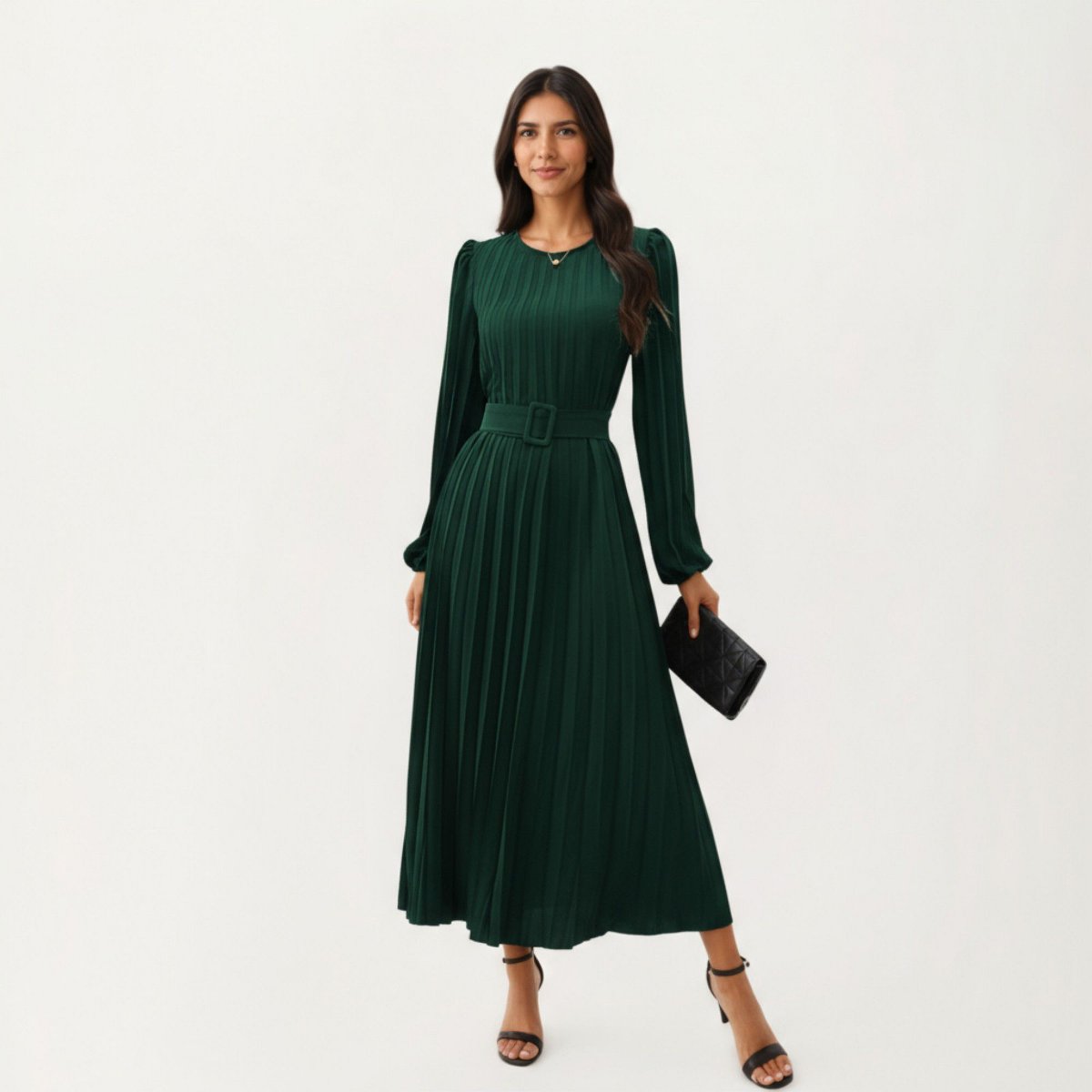 Женские платья Anna-Kaci Women's Long Sleeve Pleated Maxi Dress with Belted Waist and Round Neckline - Medium, Olive Green — фото 2