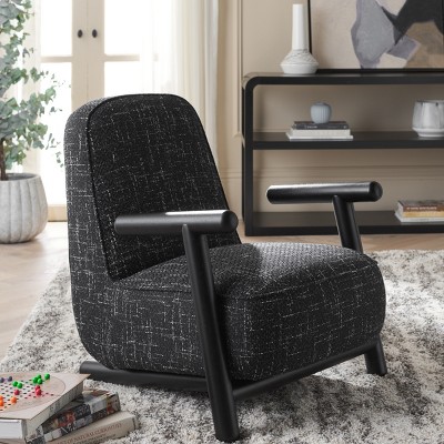 Sein Black and White Linen Barrel Accent Chair with Wooden Frame
