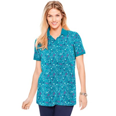 Woman Within Plus Size Perfect Printed Short-Sleeve Polo Shirt
