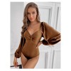 Coolmee Womens Body Suits Balloon Long Sleeve V Neck Bodysuits Ruched Pleated Bodysuit Fashion Leotard - 2 of 3