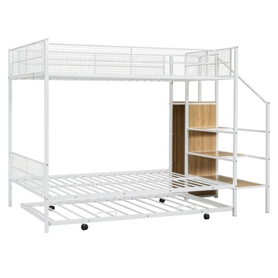 NicBex Twin Over Full Bunk Bed with Guardrail and Trundle,Metal Twin Loft Bed with Lateral Storage Ladder and Wardrobe,Bunk Beds for Bedroom