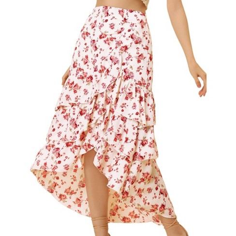 Allegra K Women's Floral Elastic Waist Flowy High Low Hem Layered Ruffle  Skirt Cream White Small