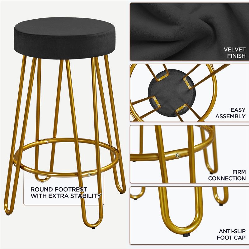 Yaheetech Set of 2 Upholstered Velvet Counter Stools with Metal Legs, 4 of 8