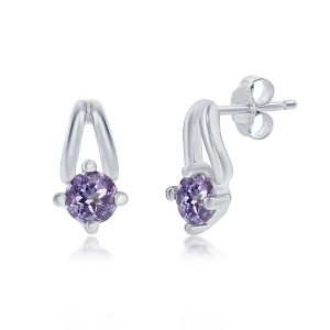 Simona Sterling Silver Four-Prong 3mm Round Gem Earrings - Blue Topaz - Available Colors: Blue, Purple, Yellow, Red, Green - 1 of 2