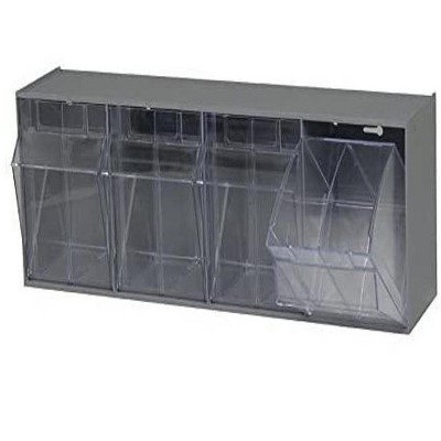 Quantum Storage Systems Tip Out Bin, (4) Compartment, Handle With Label Slot, Opens To A 45° Angle,