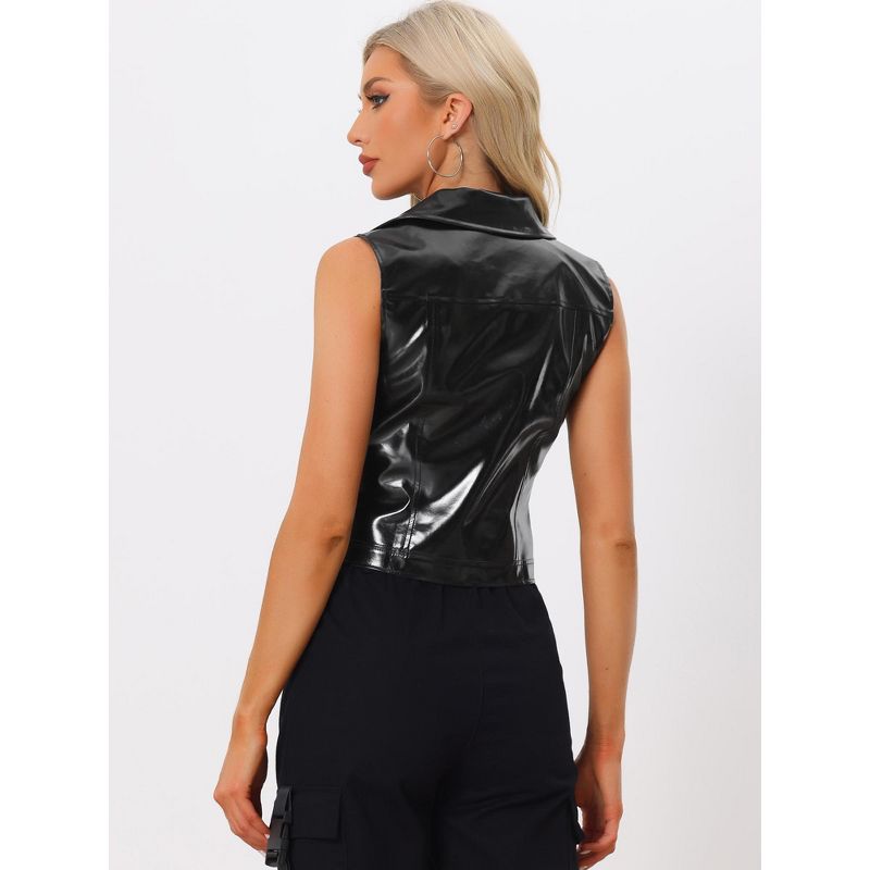 Allegra K Women's Metallic Faux Leather Lapel Collar Zip Sleeveless Cropped Vest, 4 of 6