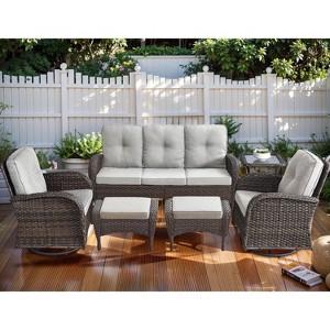 SUGOLD 6-Piece Patio Furniture Set, PE Wicker Outdoor Conversation Set with Swivel Rocker Chairs, Rattan Couch & Ottomans for Deck, Poolside, Backyard - 1 of 1