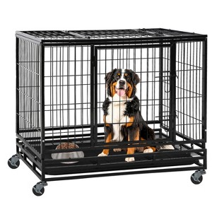 FDW 36/42/48 Inch Dog Crate Heavy Duty Dog Kennel Indoor Outdoor Metal Dog Cage with Removable Pan and Lockable Wheels Pet Playpen for Training - 1 of 4